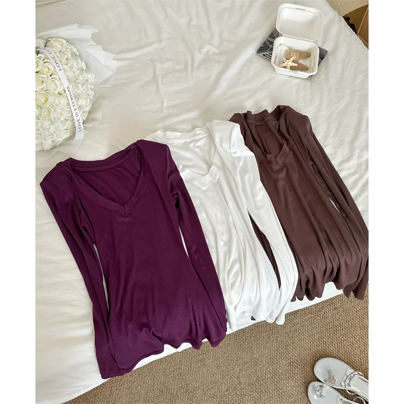 وسادة الكتف تصميم الرغبة النقية فتاة حار V-Ne قاعدة irt المرأة طويلة Sve ملابس داخلية الخريف جديد Sle Ele