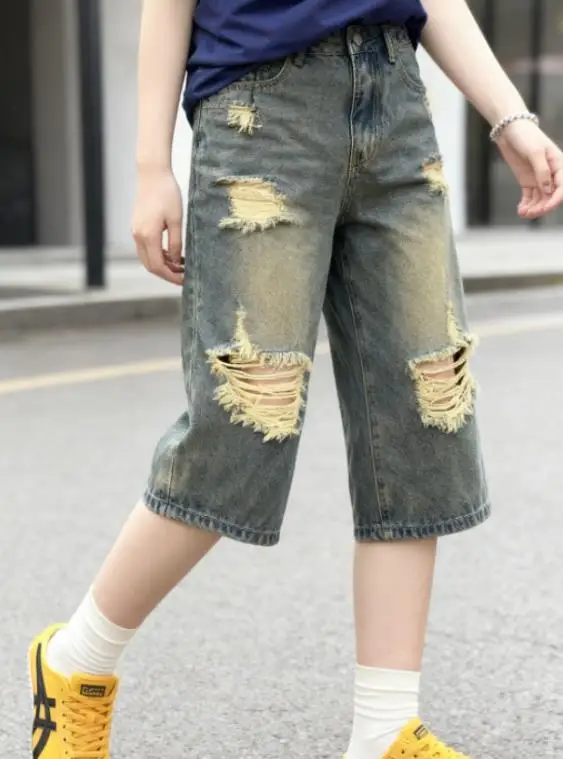 Women's Jeans 2026 Spring New Pocket Design High Waist Streetwear Casual Ripped Straight Leg Knee Length Denim Pants