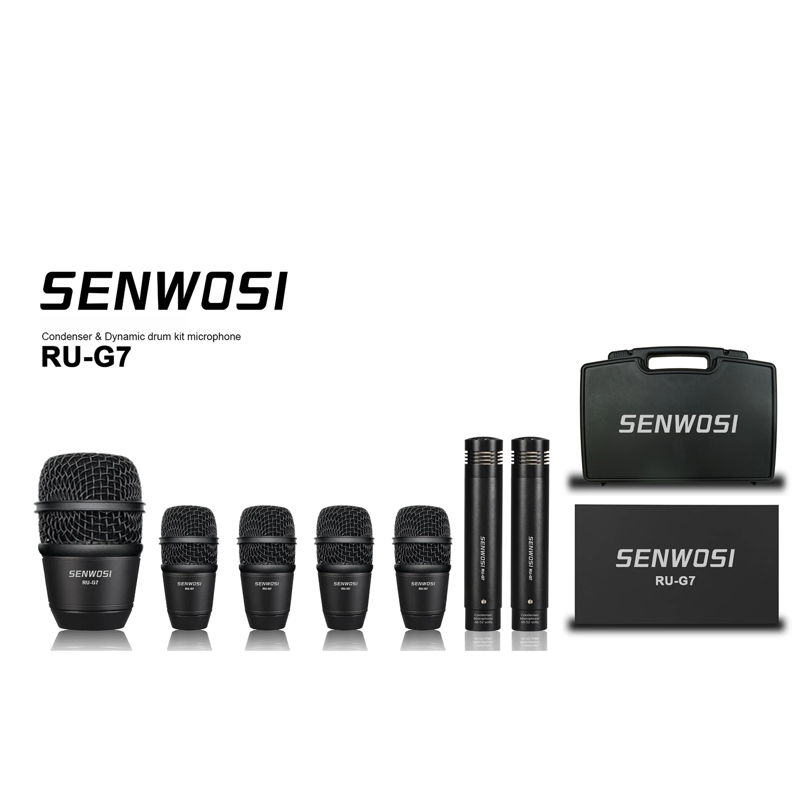 SENWOSI G7 7 Piece (All Metal) Wired Dynamic Drum Mic Kit Kick bass, Tom/Snare Drum and cymbal mics for Performing