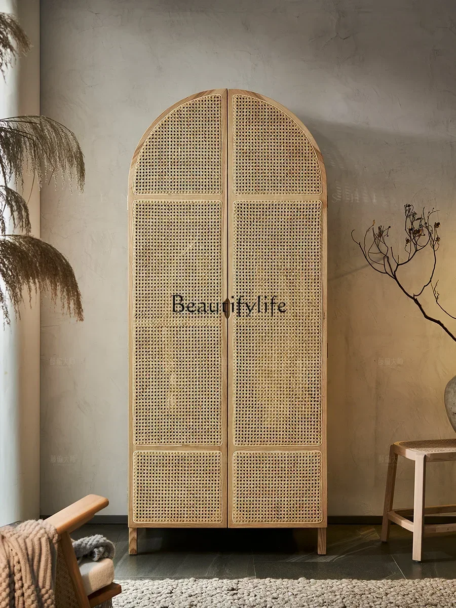 

N Nordic Solid Wood Rattan Wardrobe Storage Cabinet Vintage B & B Arch Dome Vertical Hinged Door Storage