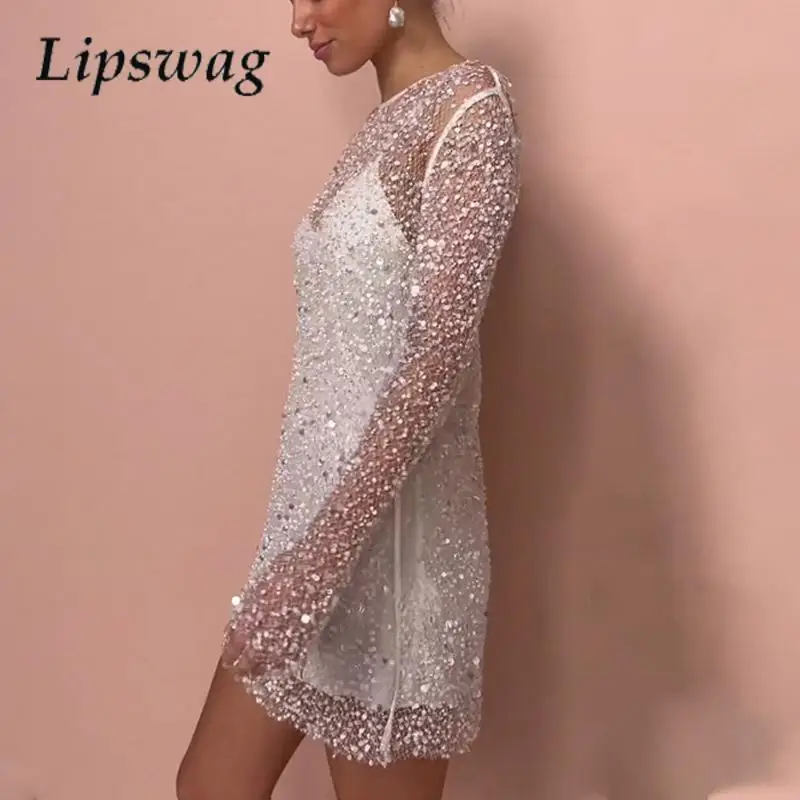 Women Elegant Splicing Solid Versatile Dress Chic O-Neck Sequins Hollow Dress Fashion Suspender Party Temperament Mini Dresses