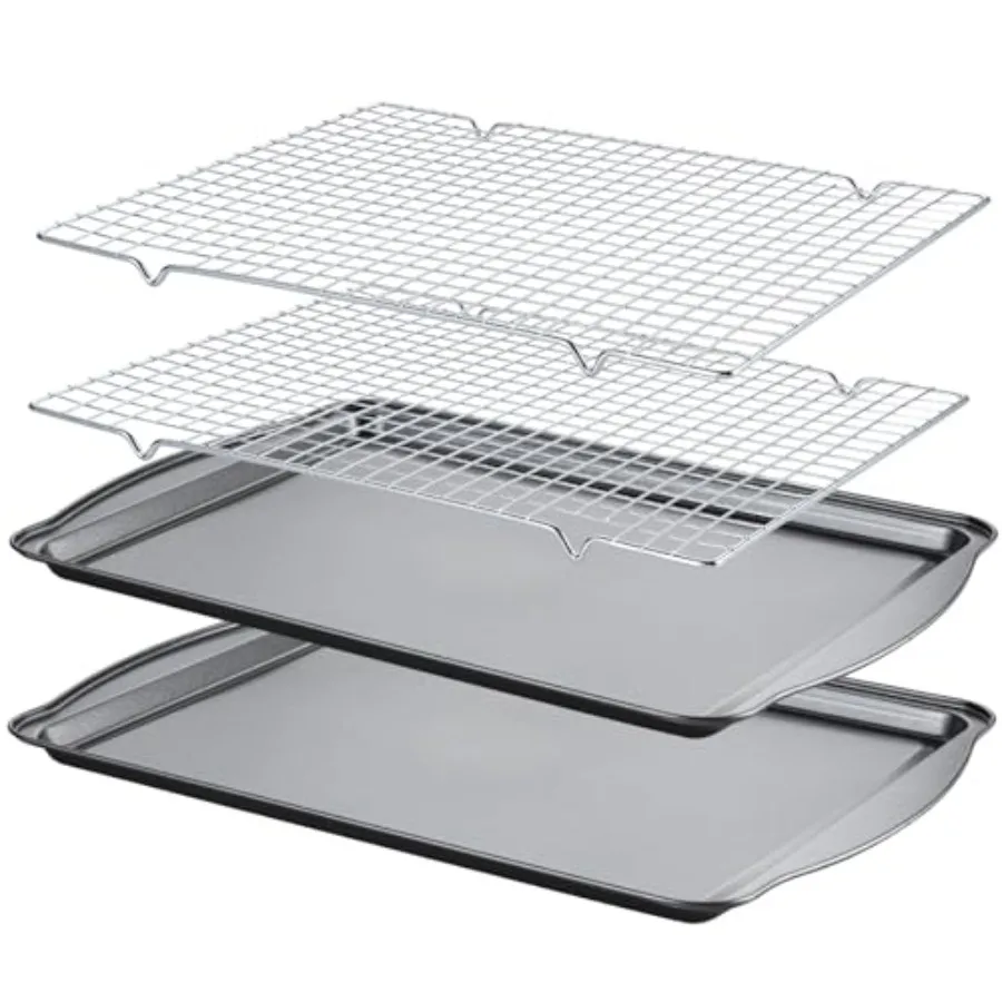 Baking Sheet with Cooling Racks - 17'' x 11" x 0.5" Carbon Steel Cookie Sheets for Baking [2 Sheets + 2 Racks], Nonstick Baking