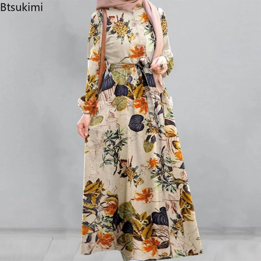 New Fashion Women\'s Floral Print Cotton Linen Dress Hijab Muslim Long Sleeve Abayas Ladies Elegant Vintage Party Dress with Belt