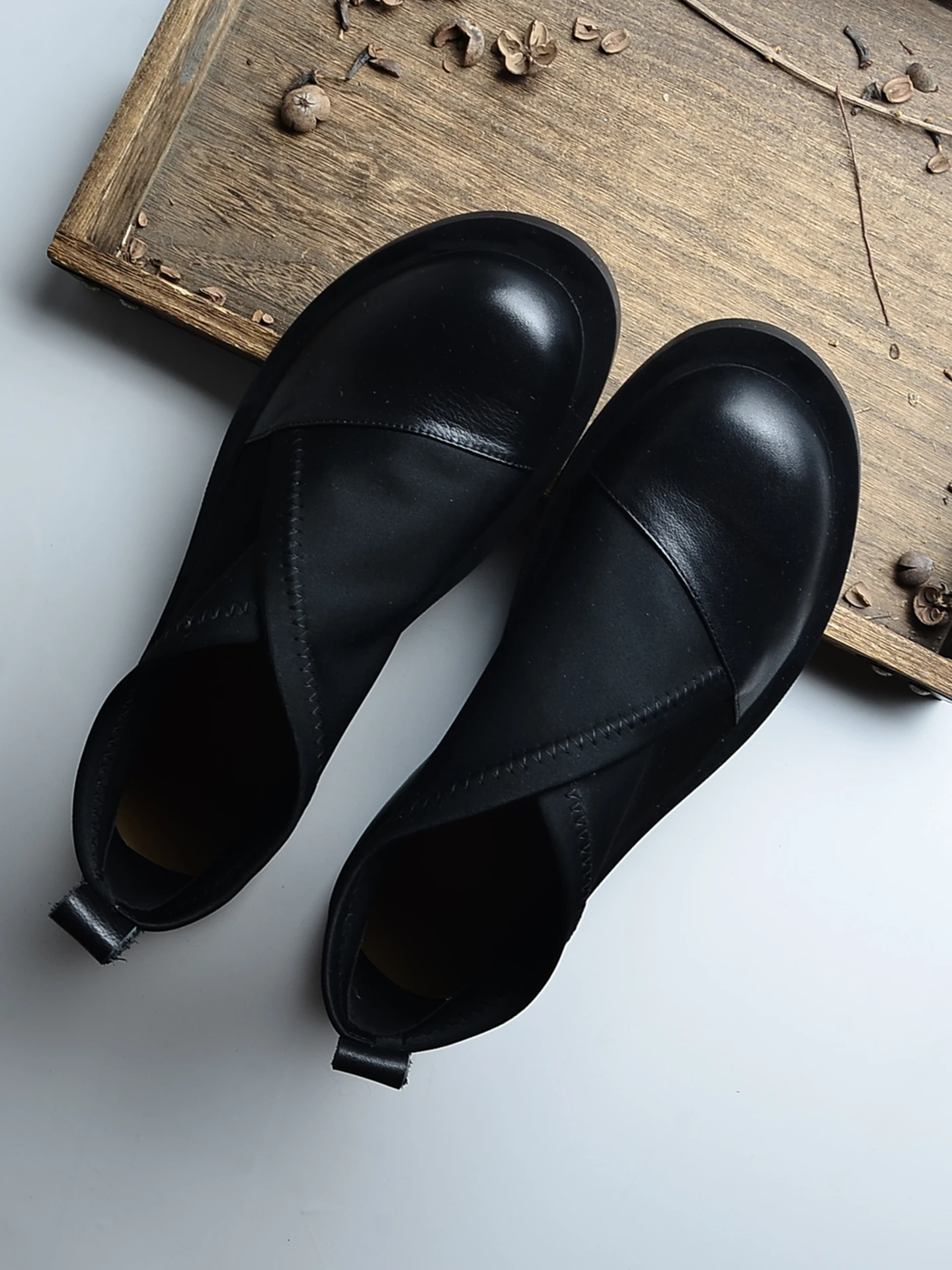 Handmade Original British Style  Boots Women's Design Sense Minor Leather Splicing round Head Wide  Elastic Short B...
