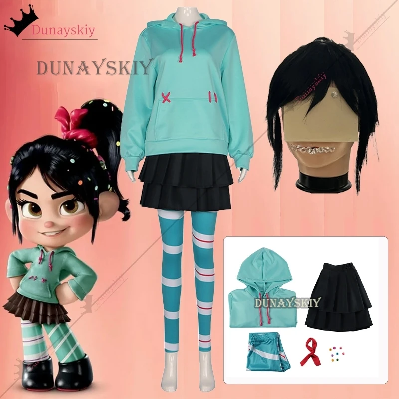 Vanellope Von Schweetz przebranie na karnawał dziewczęce bluzy spódnica peruka jednolite 2025 Anime odzież sportowa dla kobiety/dziecka