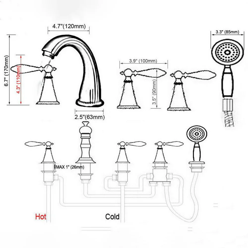 Antique Red Copper Brass Widespread 5 Hole Bathroom Roman Tub Bath Faucet with Telephone Style Hand Held Shower Head atf197