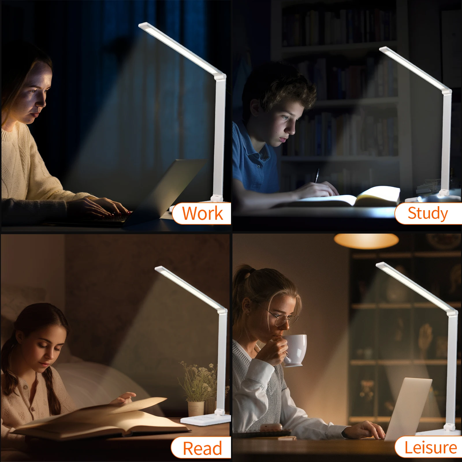 LQWELL LED Desk Lamp Dimmable Metal Material 5 Colors and 10 Brightness Levels Eye-Friendly Bedside Lamp with USB Charging