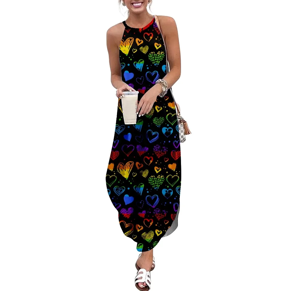 

Rainbow Heart Print Patchwork Print Women Casual Short Sleeve Camisole Dress Loose Long Double Pocket Beach Resort Woman Dress