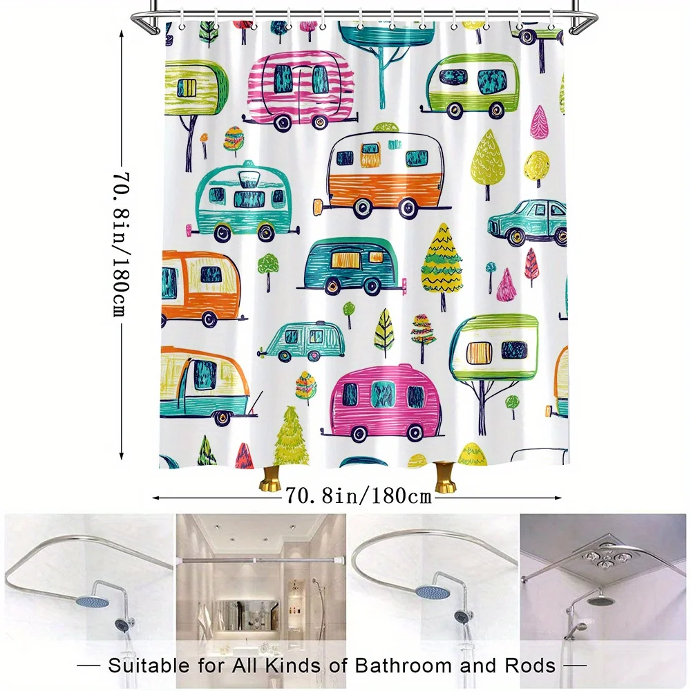 Colorful Camper Van Travel Pattern Shower Curtain Machine Washable All Season Waterproof Privacy Protection Cartoon DesignModern