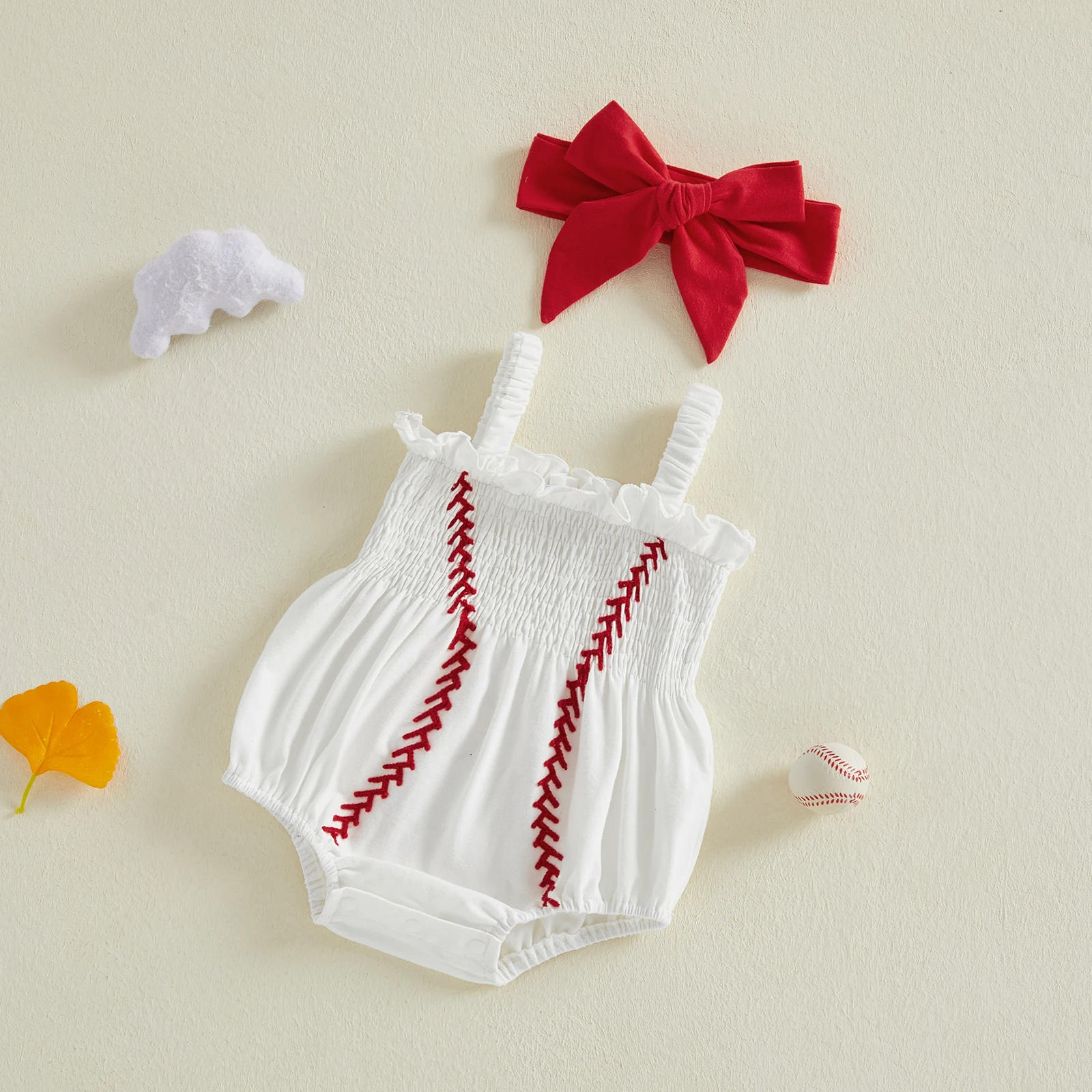 Pakaian Bayi Perempuan Musim Panas, Romper Tanpa Lengan Bordir Baseball dan Headband 2 Pcs Set