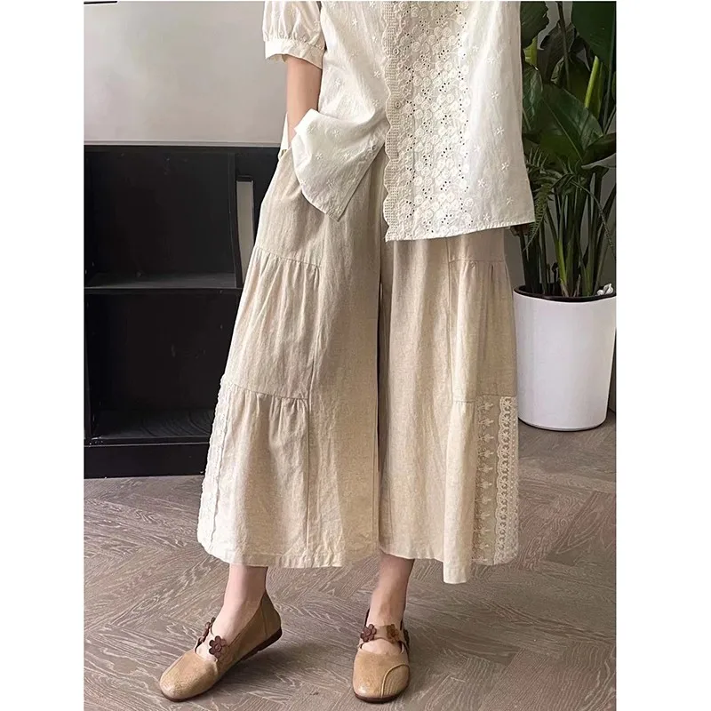 

2024 New Arrival Summer Women Cotton Linen Patchwork Lace Calf-length Pants Casual Loose Fit Elastic Waist Wide Leg Pants S203