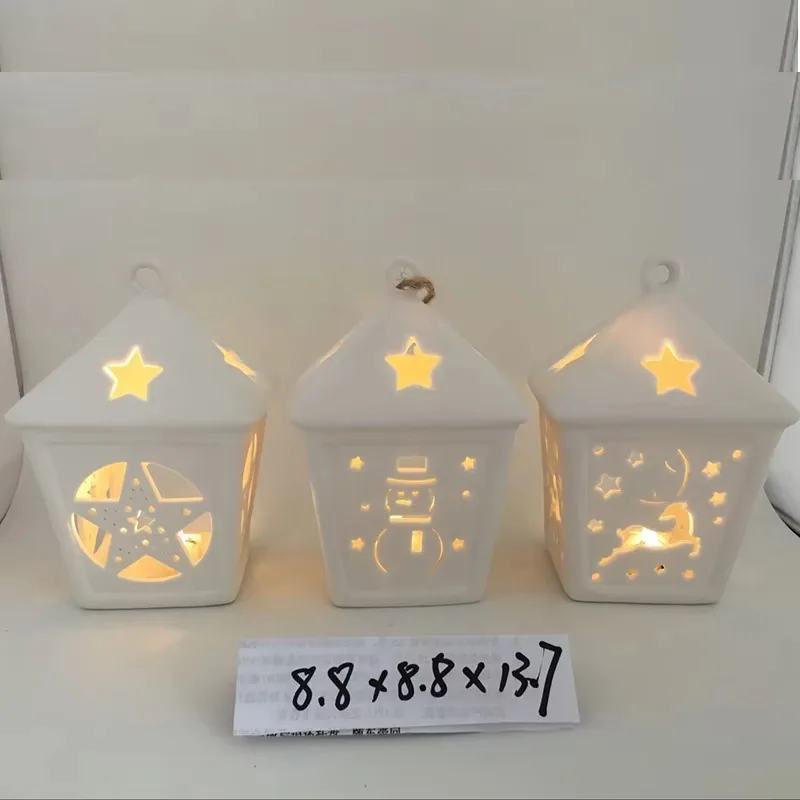 Decorative ceramic house shape Christmas pendant ornament with LED