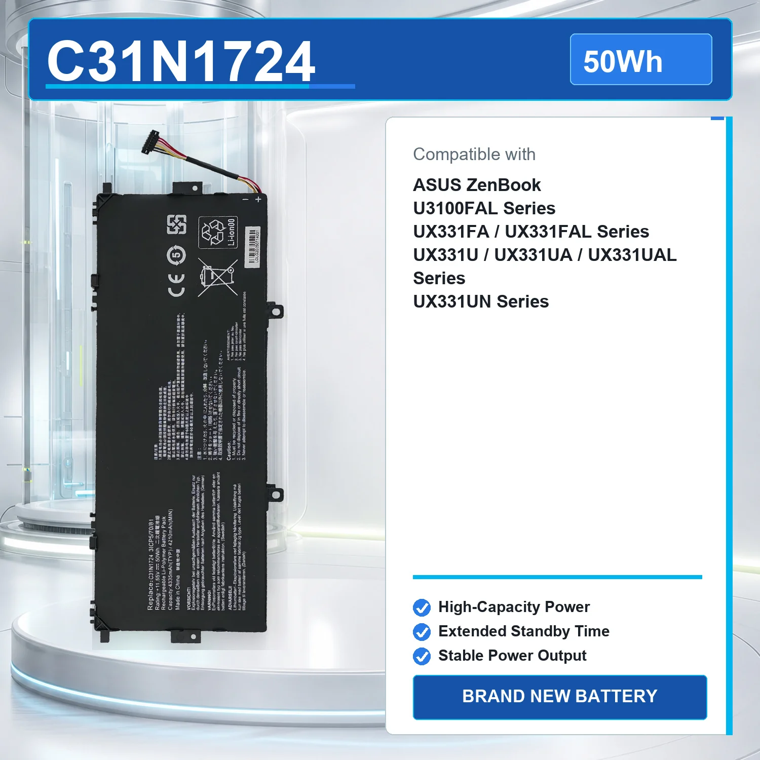 C31N1724 50Wh 11.55V Laptop Battery For ASUS ZenBook 13 UX331FA UX331FAL UX331U UX331UAL UX331UN