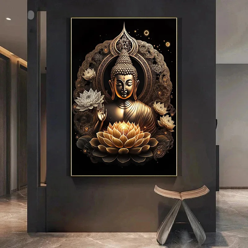 Zen Religion Meditation Buddhism Poster Canvas Painting and Print Wall Art golden Buddha Lotus Flower Picture Room Home Decor