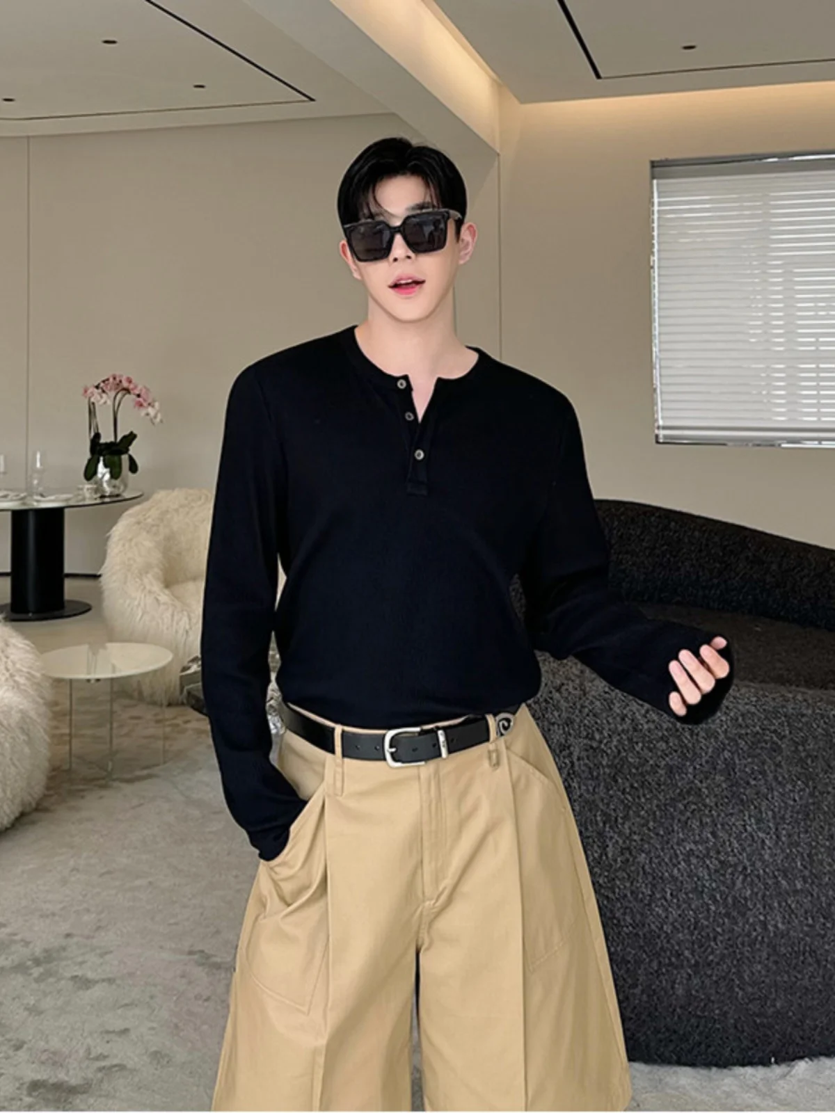 

New 2025 Men's Long Sve T-irt Pure Cotton Henry Collar Tee Button Base irt Color round Ne Versatile Casual Top