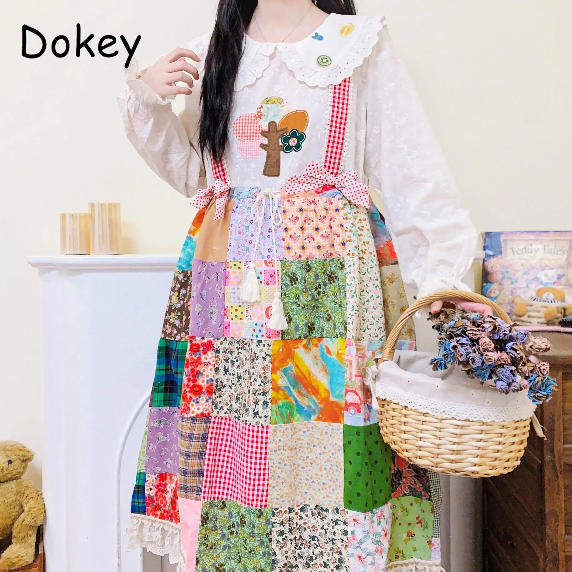 Women Vintage Patchwork Long Sleeve Midi Dress Autumn Japanese Sweet Mori Girl Casual Drawstring Doll Collar Cotton Linen Dress