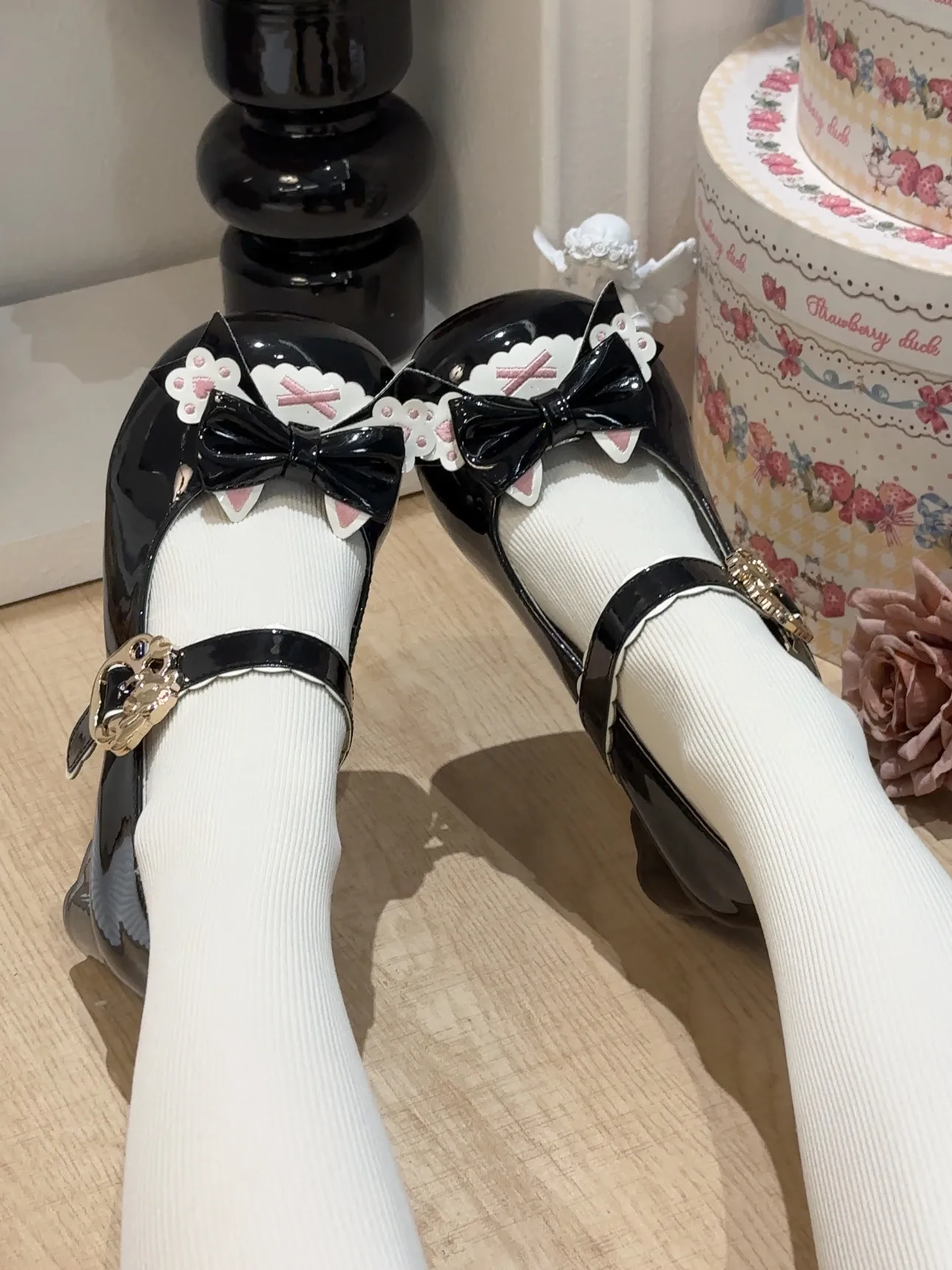 Patent Leather 1.5cm Low Wedge Heel Kawaii Shoes for Women Lolita Cat Paw Bow Cat Head Heel Cute Sweet Women's Shoes view 6