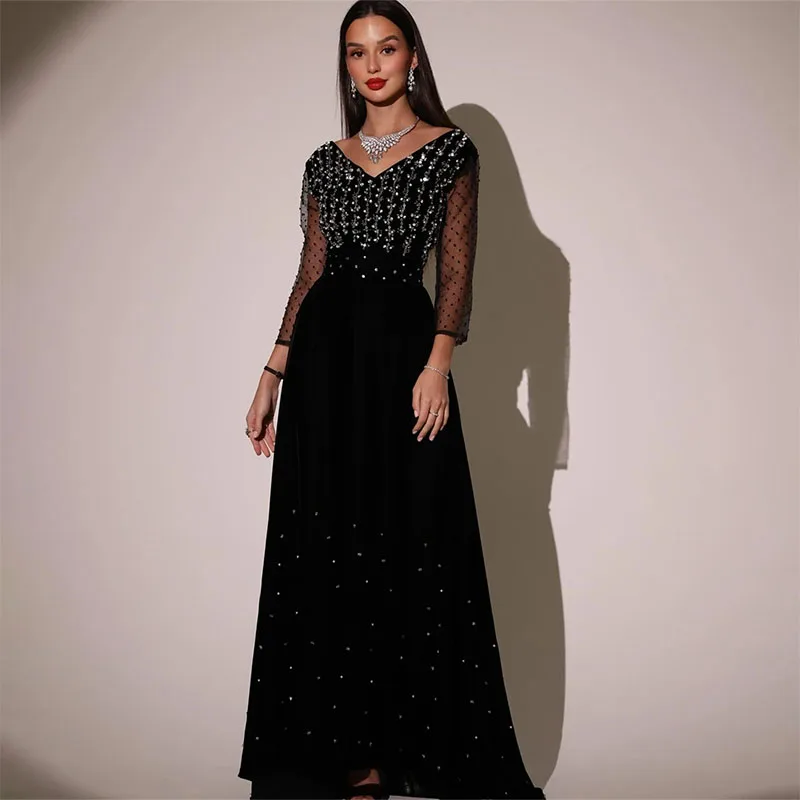 

Exquisite Black A-line Evening Dresses V-neck Three-quarter Sleeves Beading Sequined Prom Dresses Saudi Arabia Occasion Gown