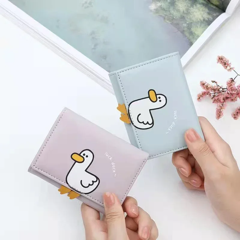 Criativo dos desenhos animados pato design carteira feminina couro do plutônio titular do cartão de banco carteiras dobráveis curtas clipe de dinheiro bolsas femininas