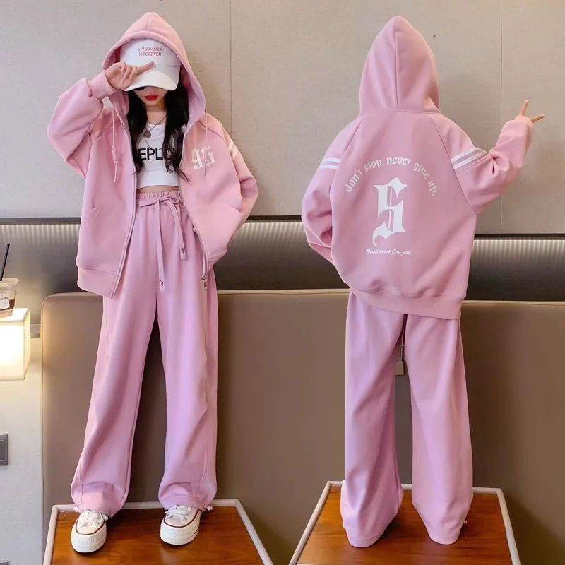 Girls Cotton Hooded Striped Drawstring Workout Zip Sweatshirt Jacket+Sweatpant School Kids Tracksuit Child Jogger Outfit 5-16Yrs