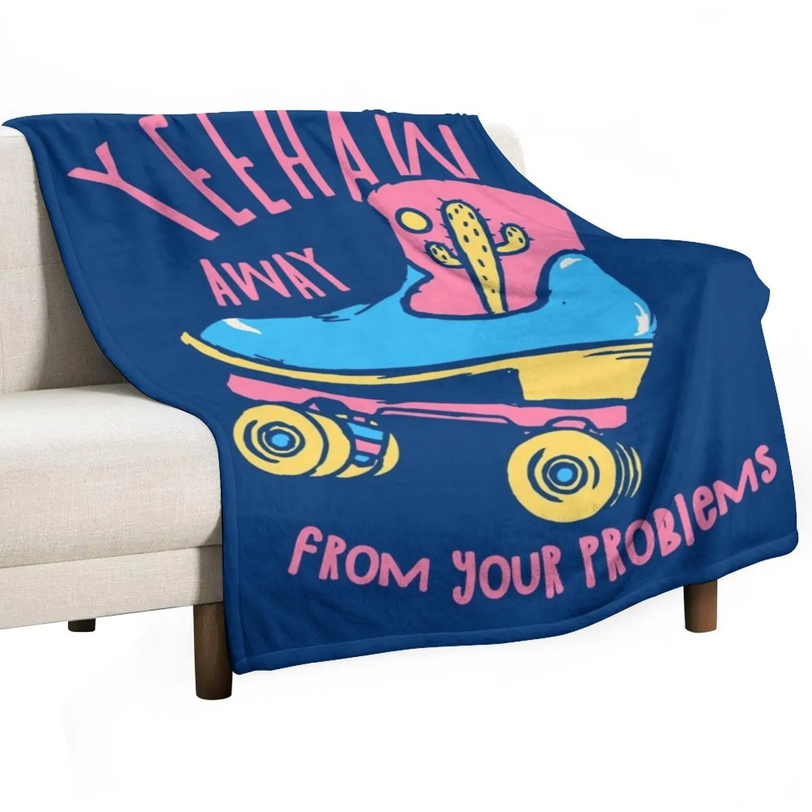 YeeHaw Away From Your Problems Blue BG Funny Adulting Yee Haw Cowboy Boot Roller Skater Boots MEME Throw Blanket