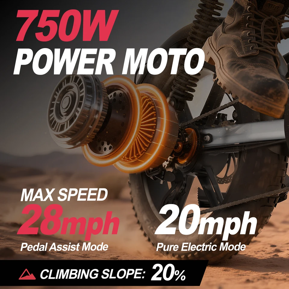 Electric Bike for Adults 750W Motor 48V 15Ah Battery 20" Fat Tire Electric Bicycle 28MPH 50Miles Range Dual Shock Absorber Dual Disc Brakes Retro Style E-bike for Mountain Beach Snow City Commute** image 4