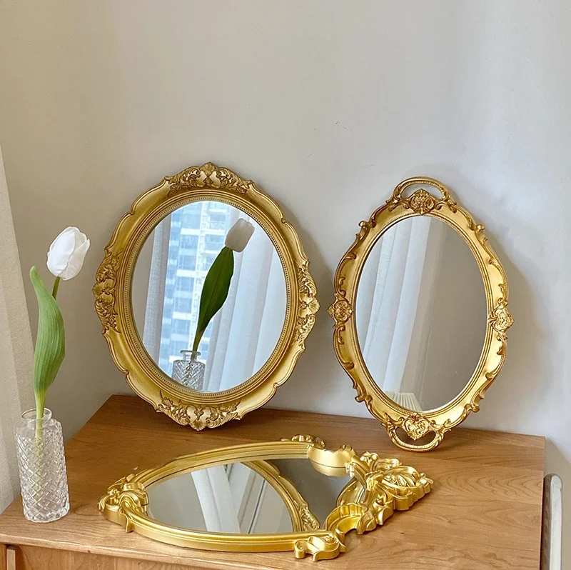 Vanity Mirrors Baroque Frame Mirror Gold Shield Wall Decorative Mirrors Plate Tray Make Up Mirror for Bedroom Home Decor