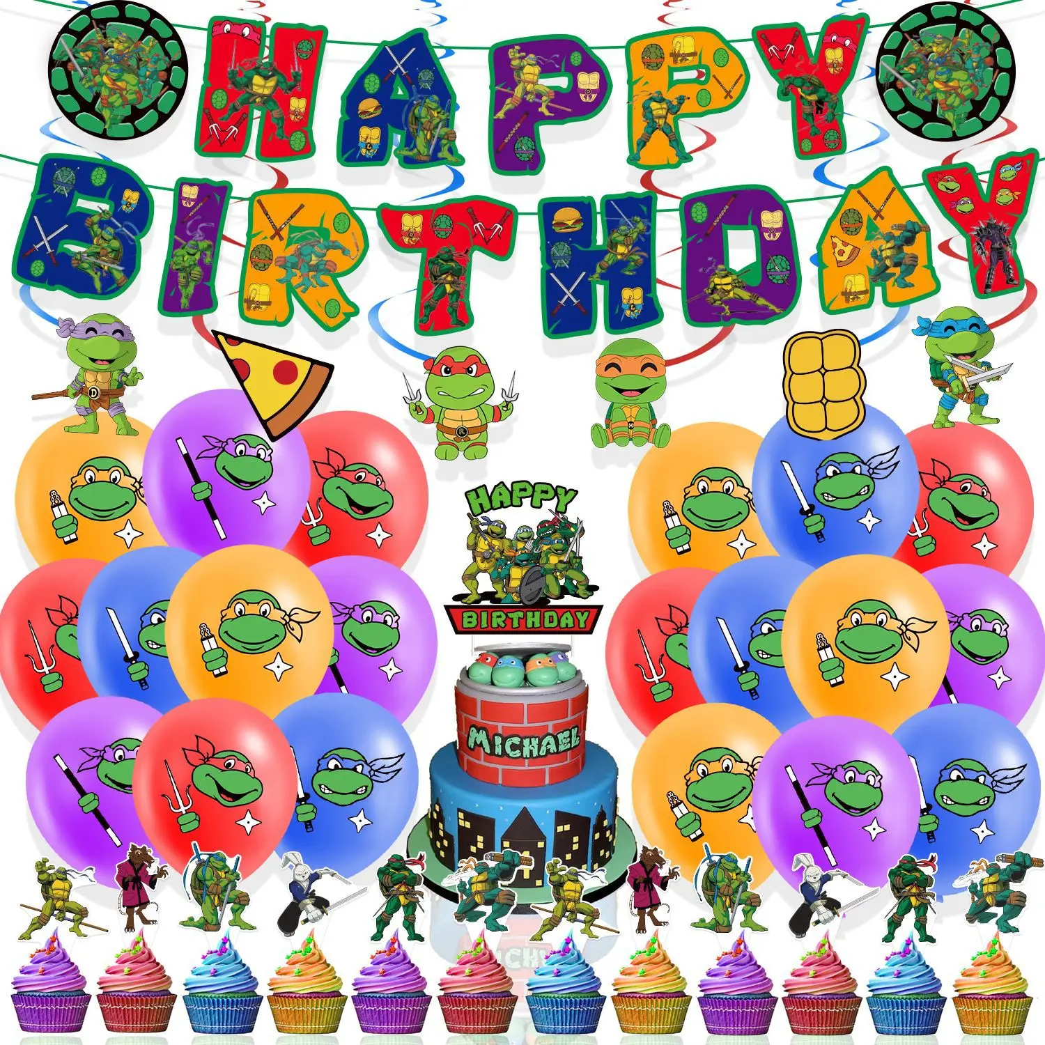 

Hot Teenage Mutant Ninja Turtles Birthday Party Disposable Banner Cake Topper Hanging Flag Balloons Set Birthday Decorations