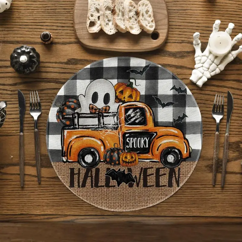 VIKAMA 2/4/6Pcs Halloween Round Placemat Ghost Pumpkin Truck Print Heat‑Resistant Table Mats Holiday Party Dining Home Decor
