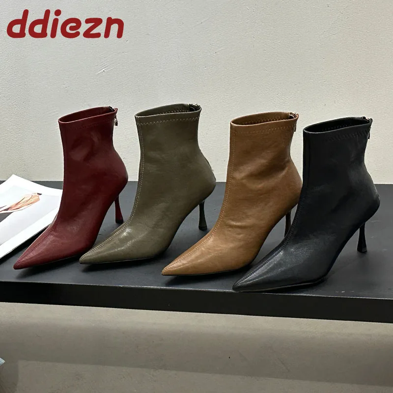 

Модные женские короткие современные ботинки с острым носком и молниями, женская обувь на тонком высоком каблуке, ботильоны, женская обувь