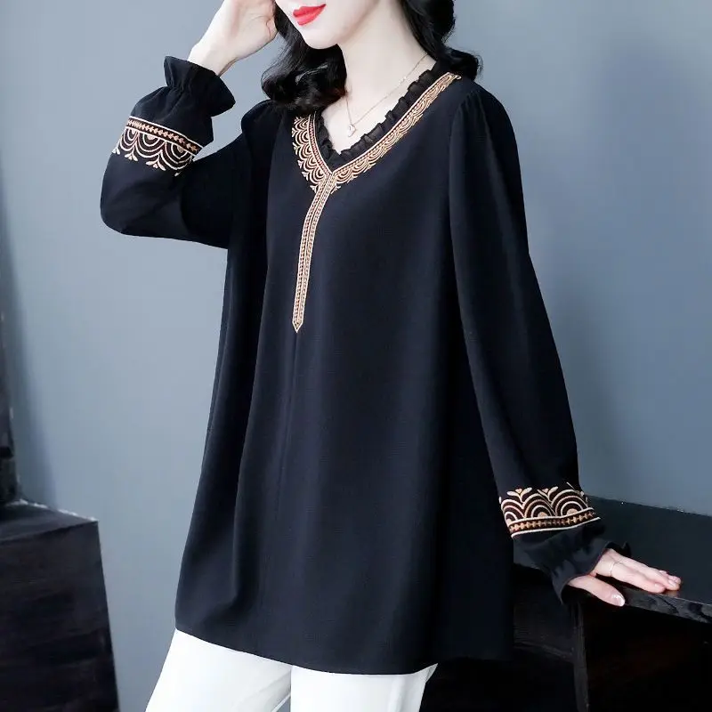 2024 New Spring and Autumn Art Retro Ethnic Style Casual Loose Oversized Western V-neck Printed Simple and Versatile Shirt