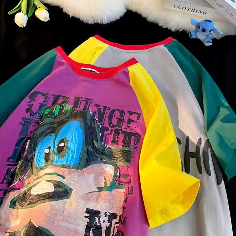 

Футболка больших размеров с цветными вставками на плечах, тонкая, в американском уличном стиле, летняя, с коротким рукавом