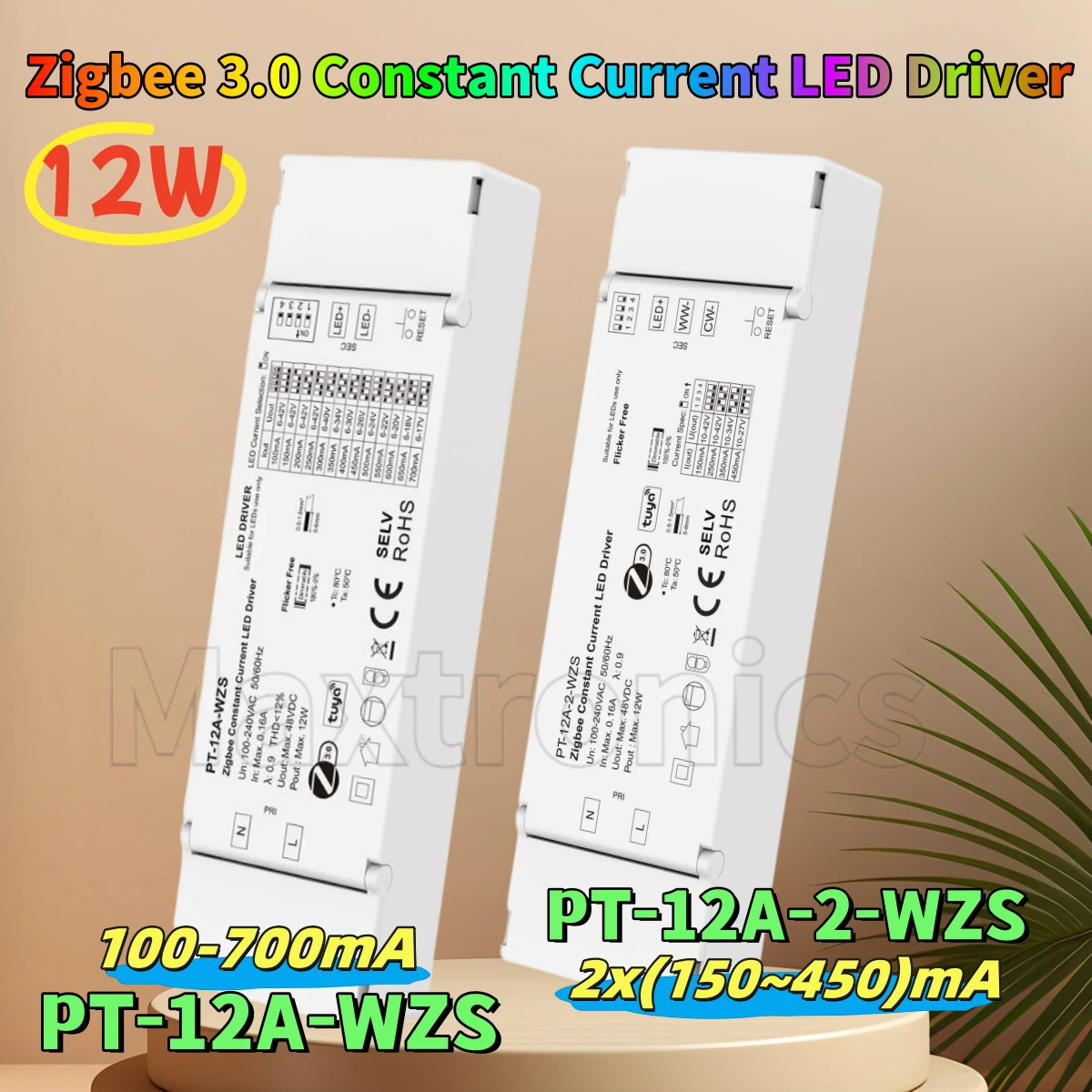 12W Zigbee 3.0 Constant Current LED Driver 100-700mA/ 2x(150~450)mA Tuya App Control for LED Lights 10-42V Dimmable Power Supply