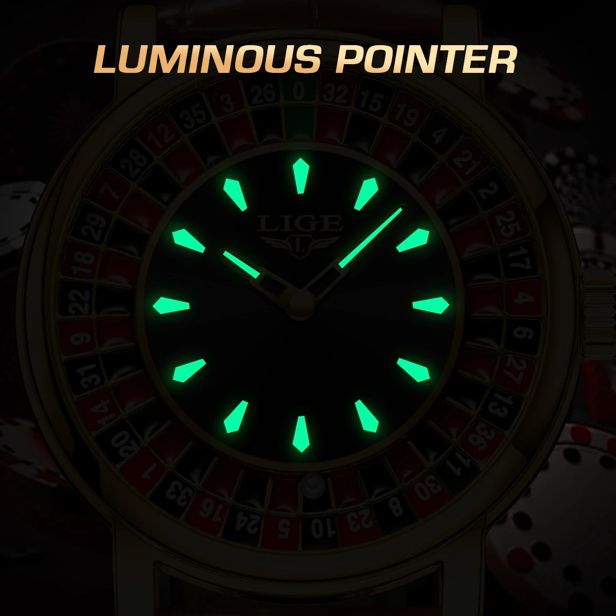 LIGE Fashion Leather Men Lucky Watch Rotating Dial Las Vegas Roulette Desktop Lucky Watch Men Waterproof Luminous Clock Watches
