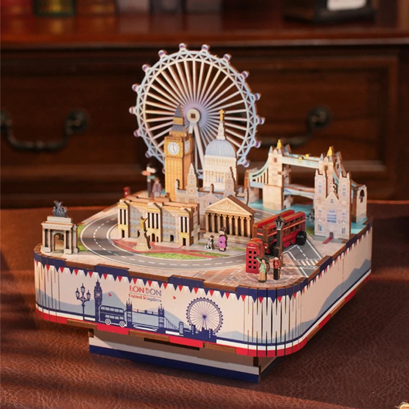 DIY 3D Wooden London Street View Music Box Miniature Model Kits Jigsaw Puzzles With Light Can Move for Friends Birthday Gifts