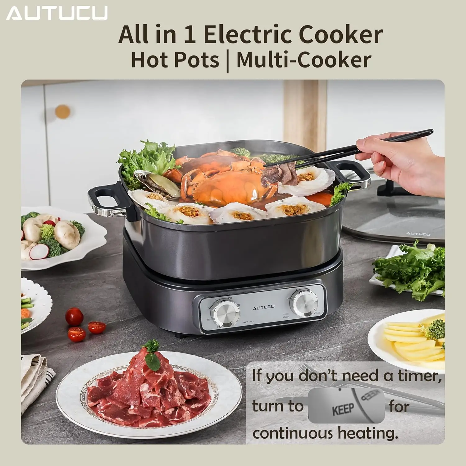 Pot 6L Ungraded | Electric Skillet Removable with PFOA-Free Nonstick Coating, Soup Pot Power Adjustment | 1600W with Timer