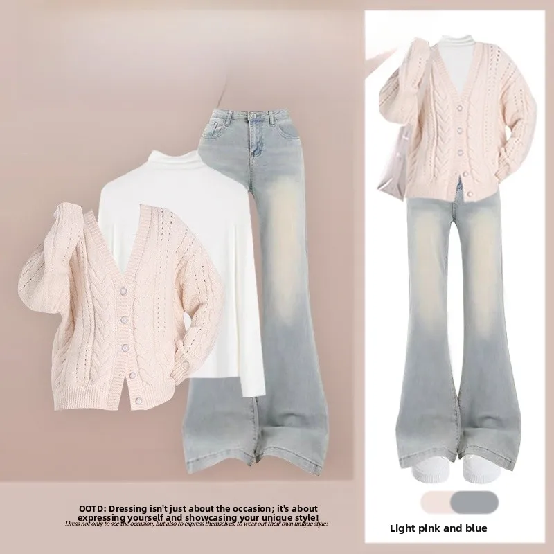 

Женский осенне-зимний вязаный свитер-пальто с джинсами и футболкой, комплект из трех предметов, повседневный, с длинным рукавом, однотонный