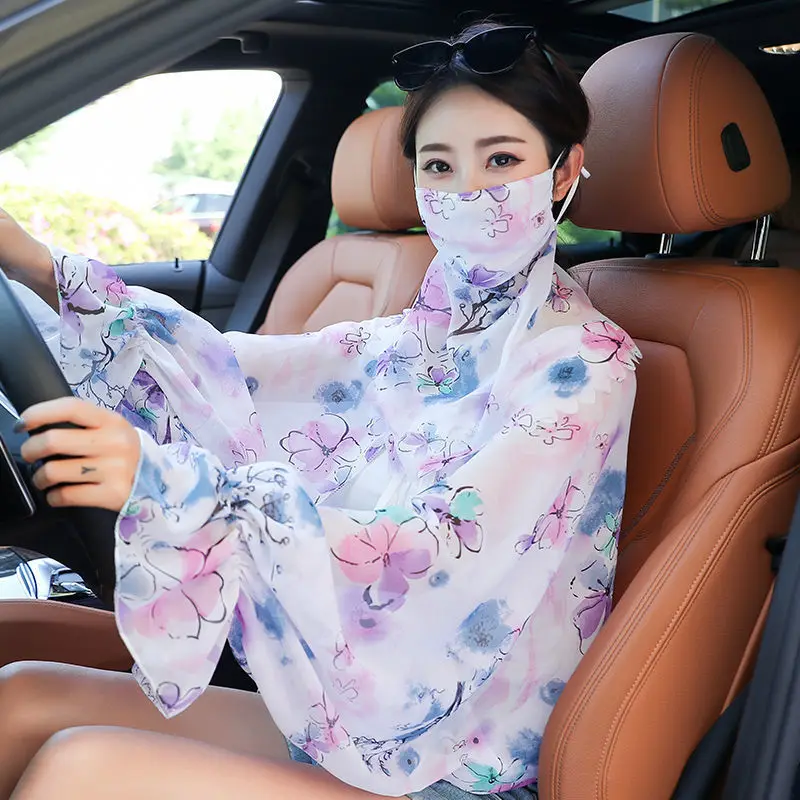 Women Ruffle Chiffon Long Sleeve Scarf Shawl Tops Solid Color Summer Sunscreen Scarf +mask