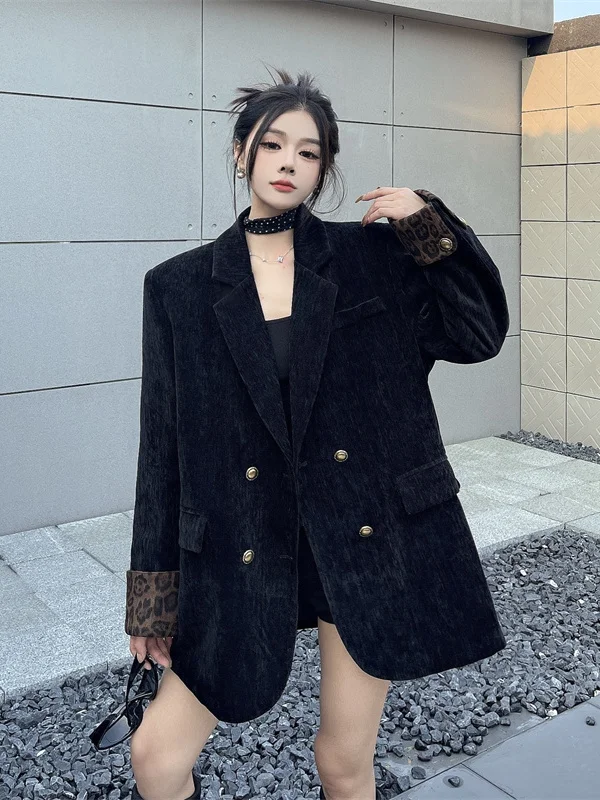 

Faionable Large Size Leopard Print Suit Jaet Loose Splicing Ele Sle Women's Casual Busin Wear Spring New Arrival
