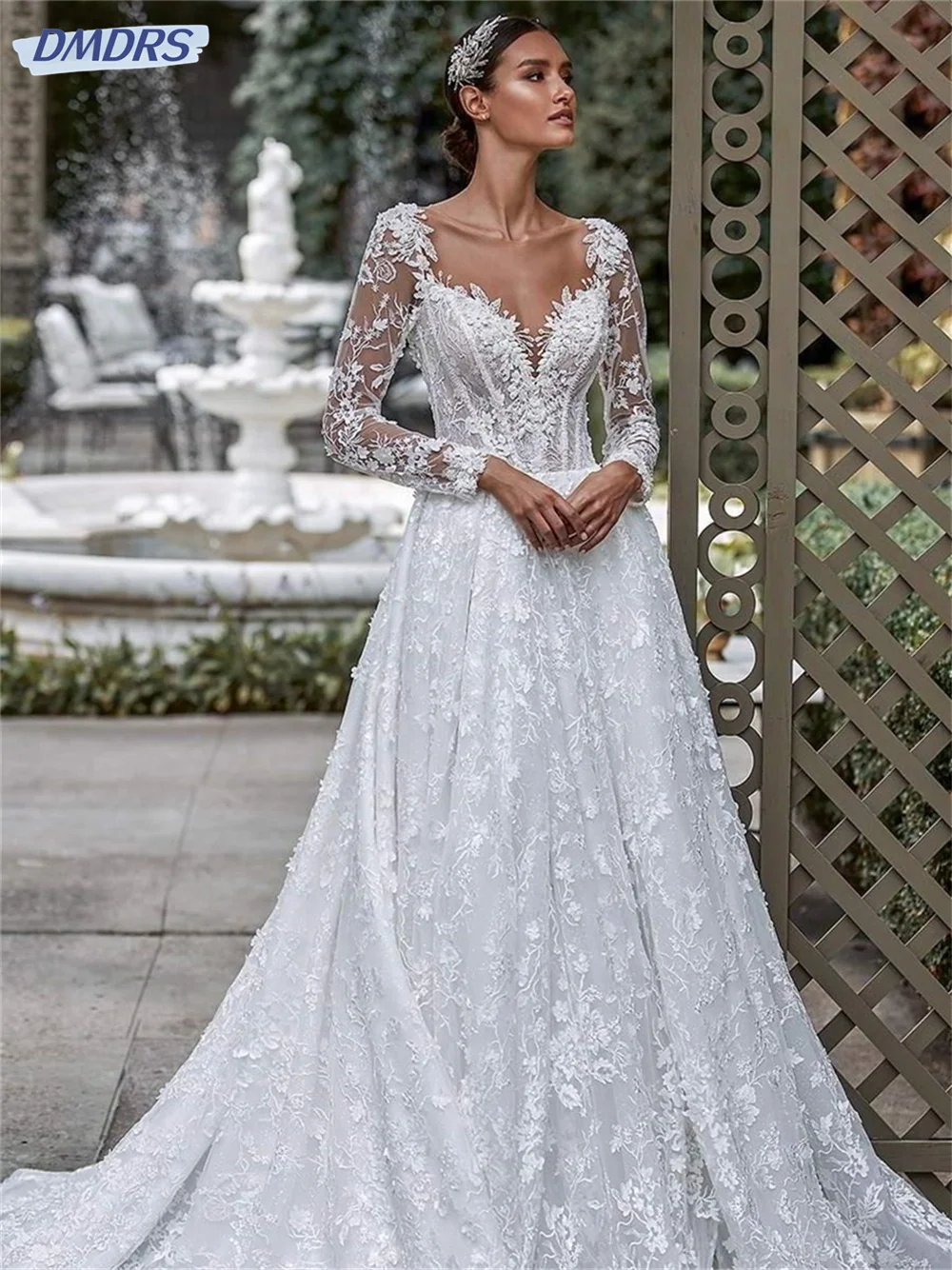 Elegante langärmlige Brautkleider sexy rücken freie Spitze Brautkleid klassische A-Linie boden lange Kleider vestidos de novia