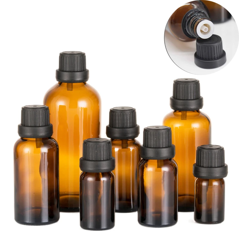 6Pcs 5/10/15/20/30ml Amber Glass Bottle For Essential Oil Liquid Perfume Refillable Lab Vials With Euro Dropper Orifice Reducer