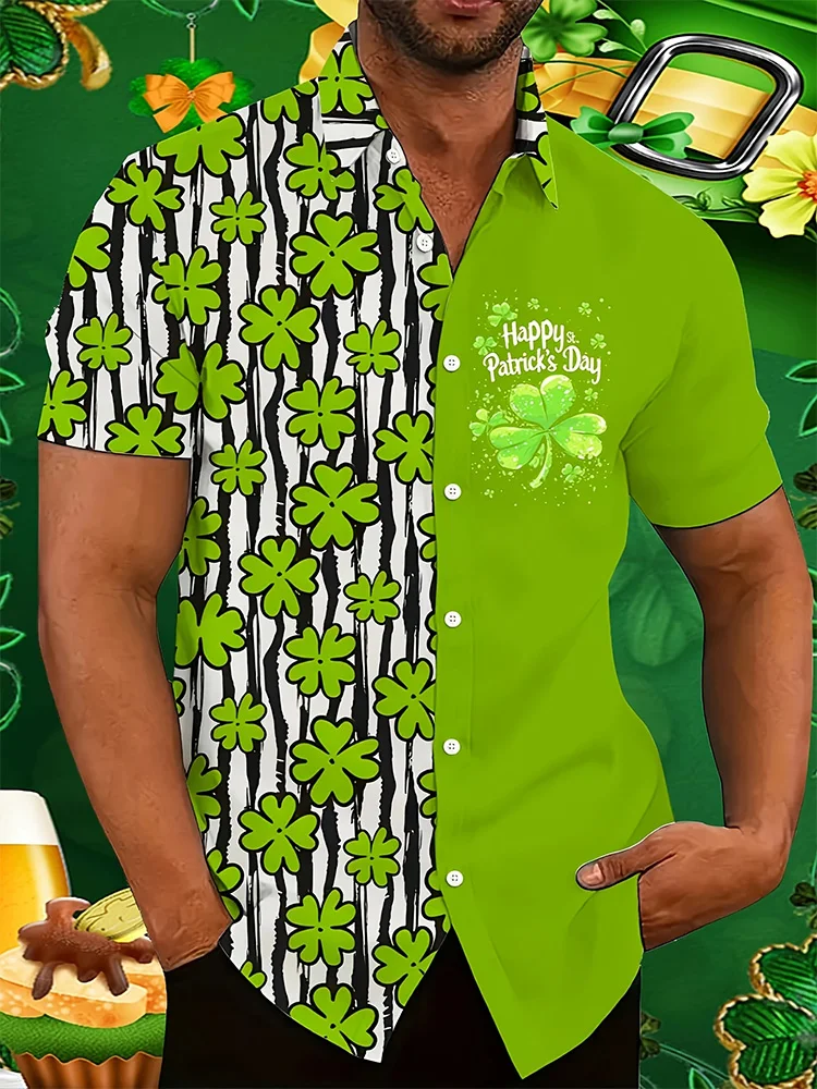 

Мужская рубашка с коротким рукавом на День Святого Патрика, летняя повседневная модная рубашка, рубашка с коротким рукавом с 3D принтом в виде клевера и полоски