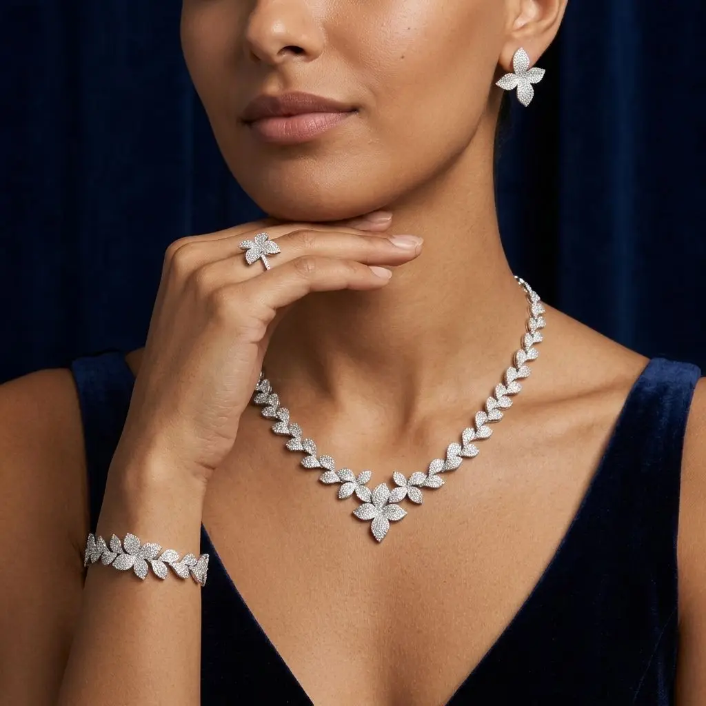 Bride Talk Luxury Floral Leaf Jewelry Set 4Pcs Elegant Petal V Necklace Design Pave Zircon Wedding Bridal Accessories for Women