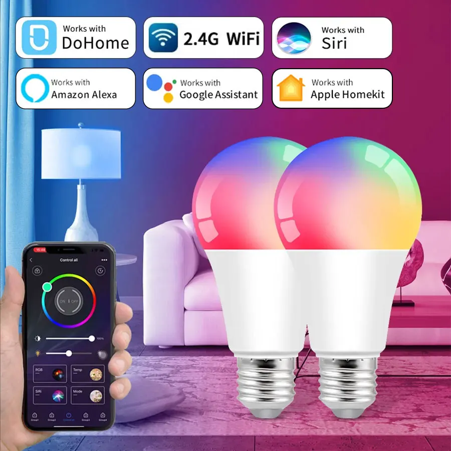 Bombillas inteligentes WiFi E27, 12W, función de temporizador regulable, bombilla LED, DoHome, Control de voz, compatible con Alexa y Google Home, 1/2/3 Uds.