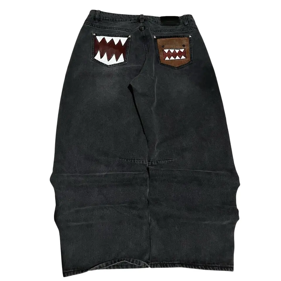Washed Black Baggy Men Monster Tooth Embroidery Jeans Pocket Wide Leg Denim Pants Y2k Streetwear Hip Hop Loose Trousers Unisex, image 6