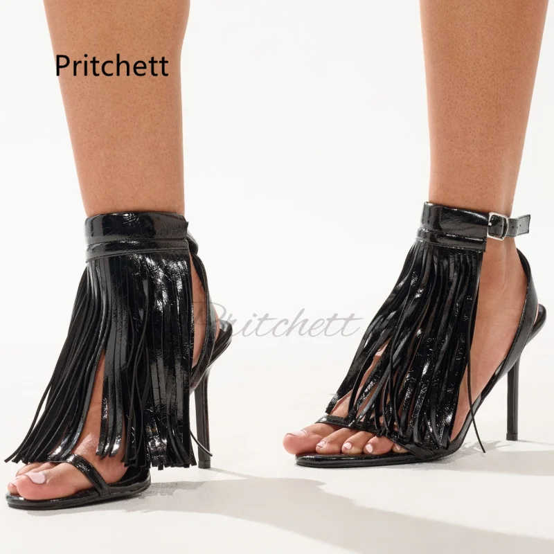 Black Leather Tassel Sandals for Women Open Toe High Heels Ankle Strap Fashion Stiletto Summer Shoes Sexy Fringe Party Shoes