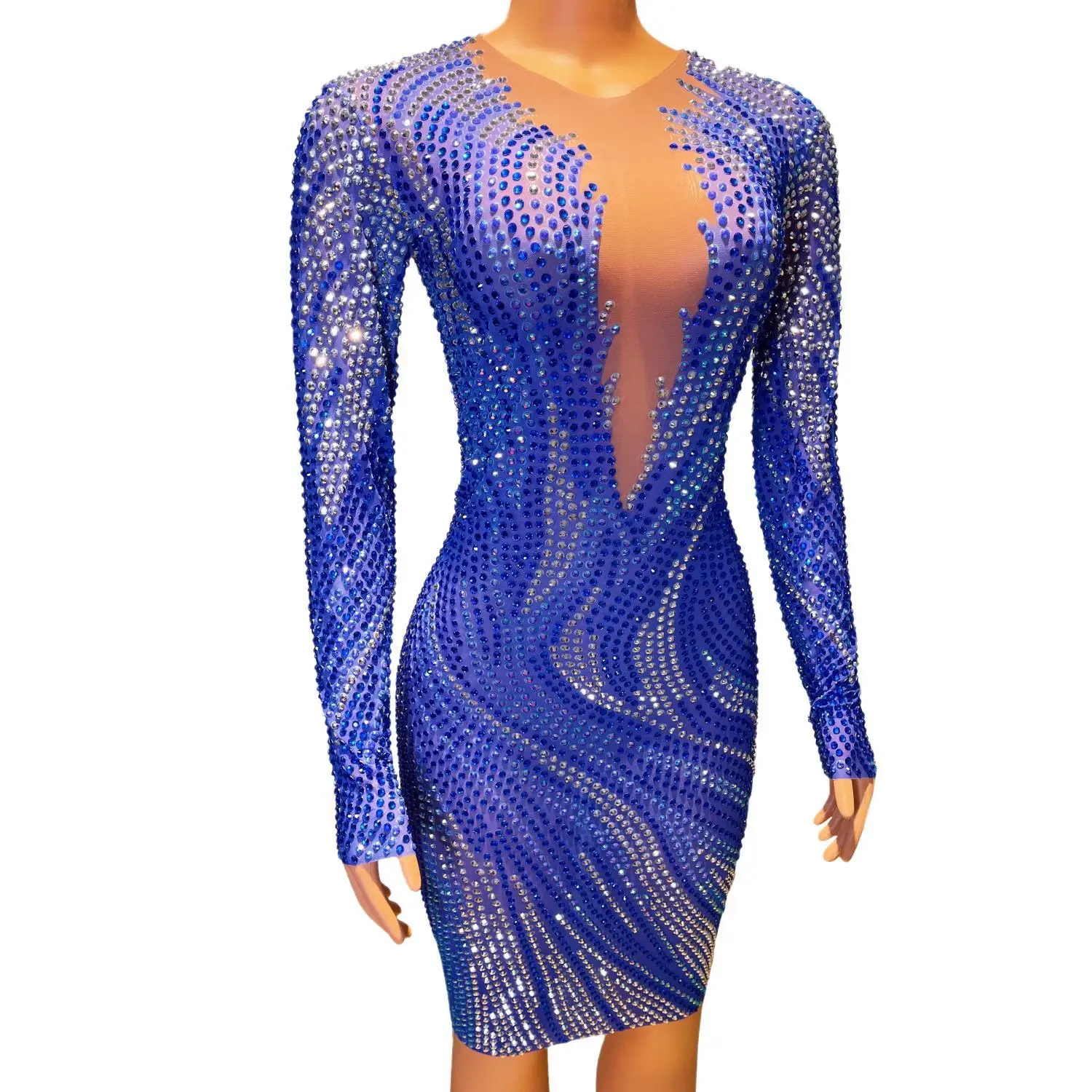 Sexy See Through Women Birthday Gowns Sheer Long Sleeve Sparkly Blue Crystals Luxury Black Girl Short Prom Dresses 2024 Hailang