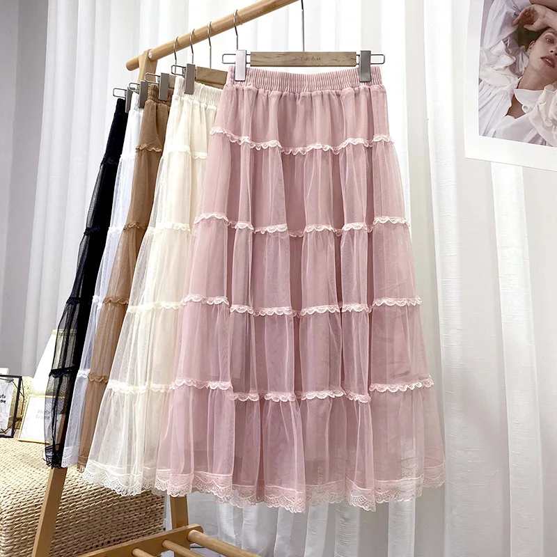 

2025 Layered Ruffles Cake Mesh Summer Long Skirt Women Elegant Fashion Maxi Skirt Ladies Solid Color Pleated Swing Skater