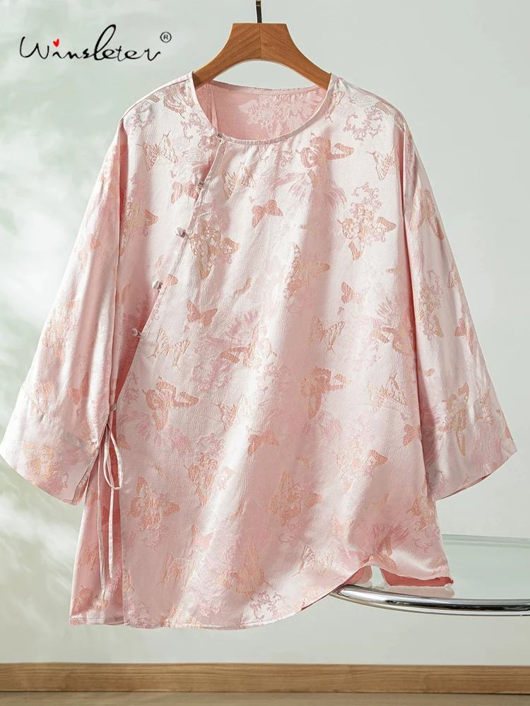 

Winsleter-100%Real Silk Elegant Shirt, O Neck Butterfly Jacquard, Women Retro Design Sense Loose Blouse, 2026 Summer T65367CC