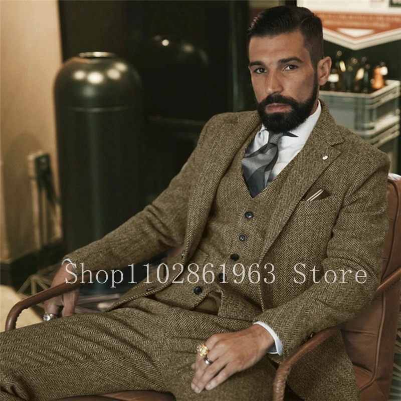 Trajes De Tweed De espiga azul marino para hombres, solapa con muescas, dos botones, 3 piezas, Trajes formales para hombres, mejores Trajes De boda